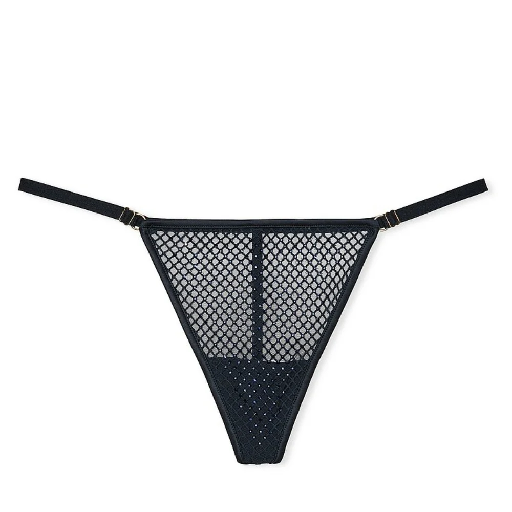 NWT Victoria’s‎ Secret Ziggy Glam Shine Fishnet Crystal V-String Panty Navy L